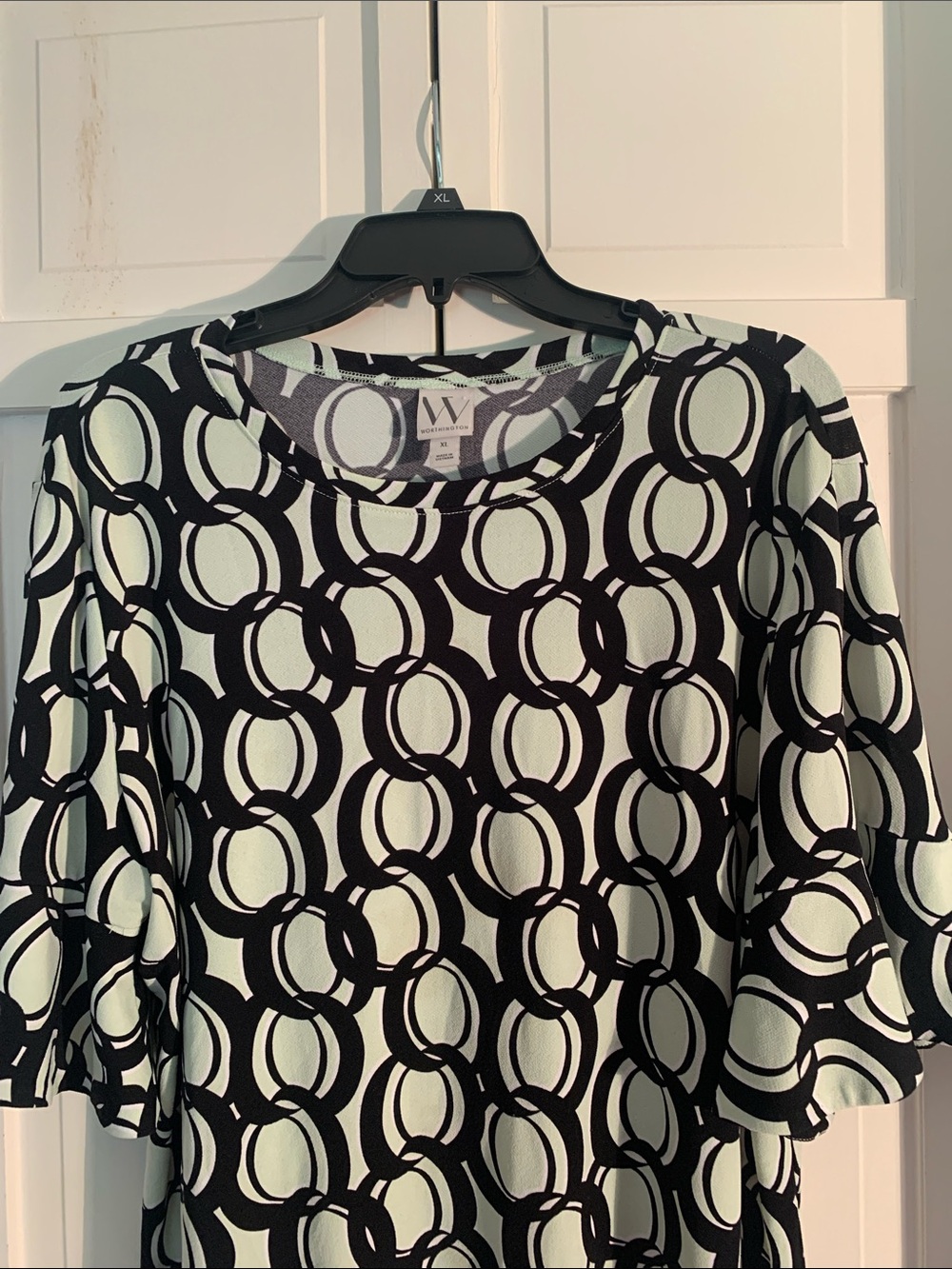 Worthington Black & Pastel Green Circle-Print Bell Sleeve Blouse - Picture 2 of 7